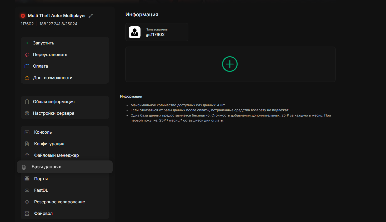 Интерфейс раздела база данных CastleHost